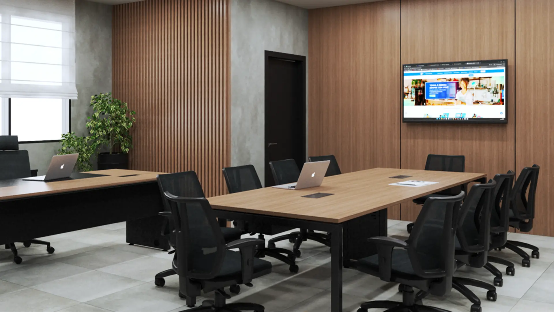 Sala de reunião com revestimento em ripado de madeira, Linha Art